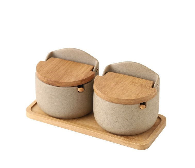 Ceramic Seasoning Jar with Wooden Lid & Spoon | Stylish Kitchen Storage