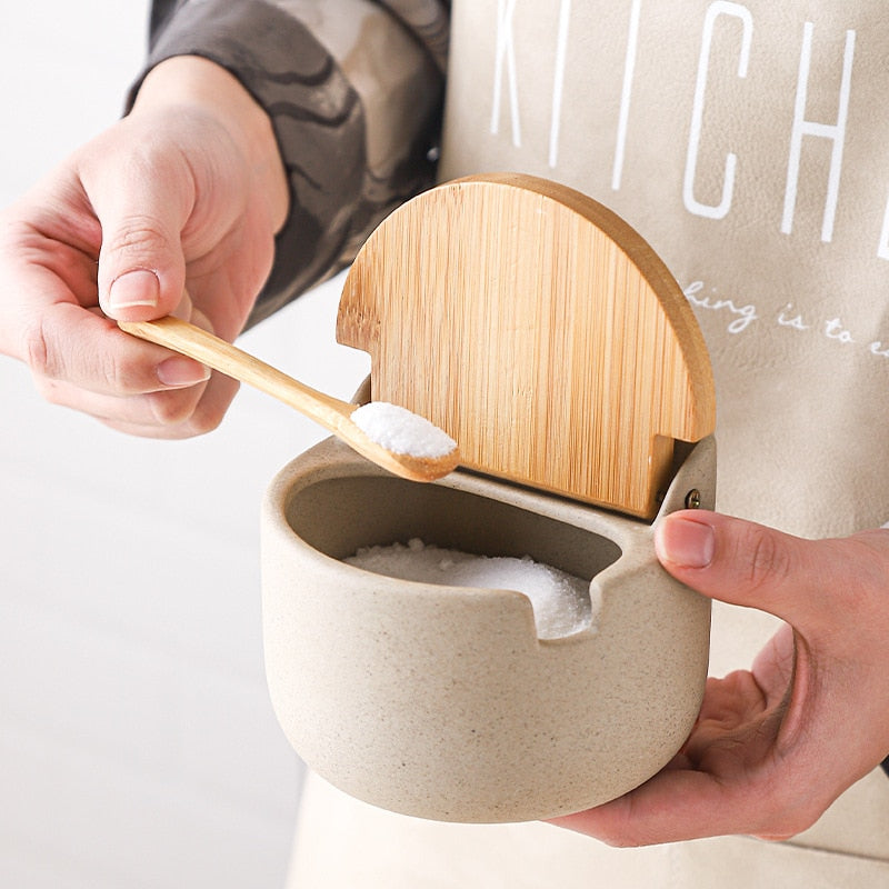 Ceramic Seasoning Jar with Wooden Lid & Spoon | Stylish Kitchen Storage
